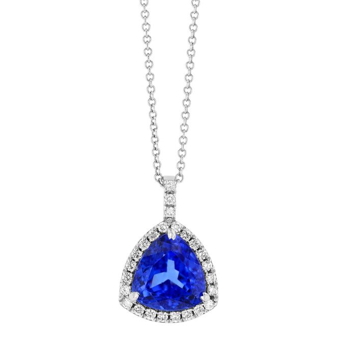 Trillion Tanzanite & Diamond Halo Pendant in White Gold
