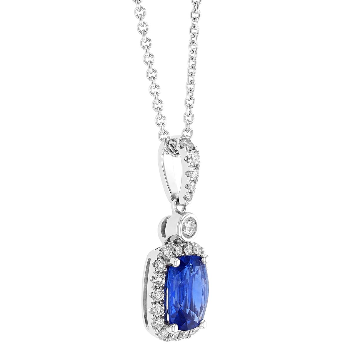 Cushion Sapphire & Diamond Halo Pendant in White Gold, 18