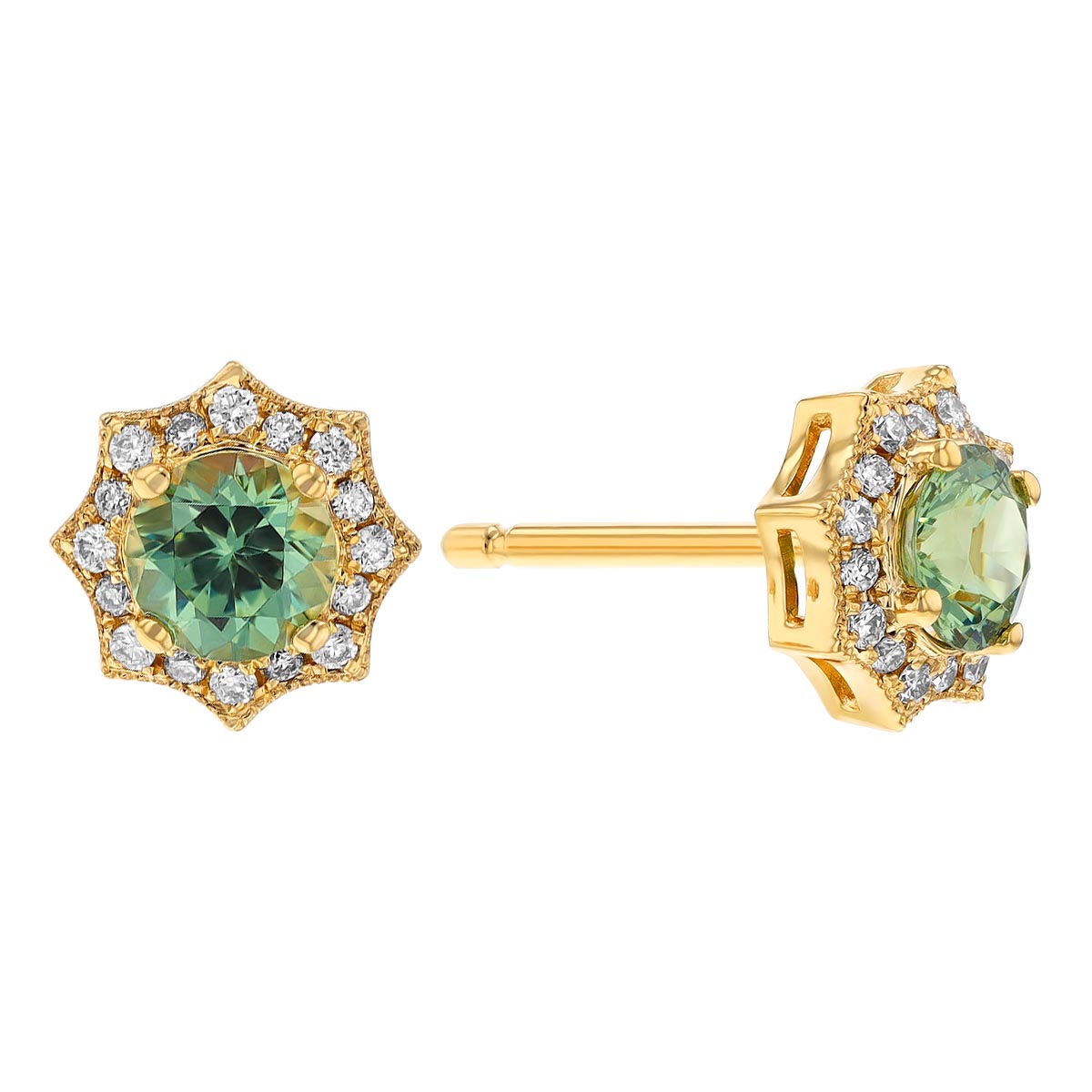 Round Demantoid Garnet & Diamond Pointed Halo Stud Earrings in Yellow Gold