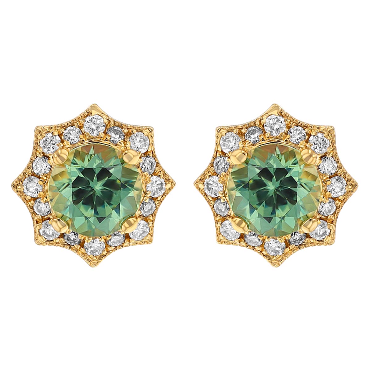 Round Demantoid Garnet & Diamond Pointed Halo Stud Earrings in Yellow Gold