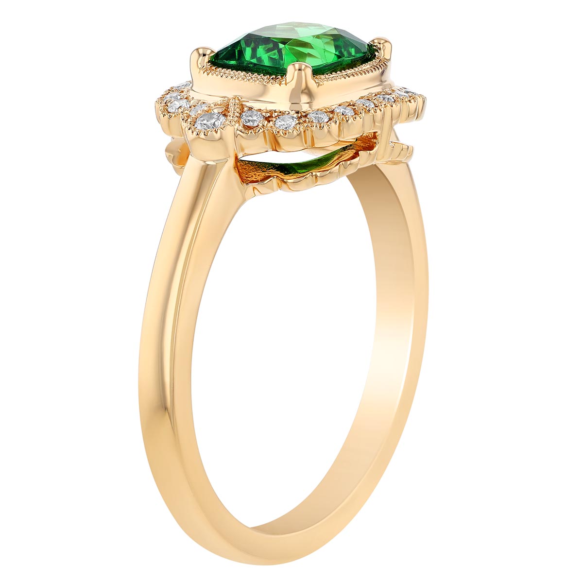 Cushion Cut Tsavorite Garnet & Diamond Ornate Halo Ring in Yellow Gold