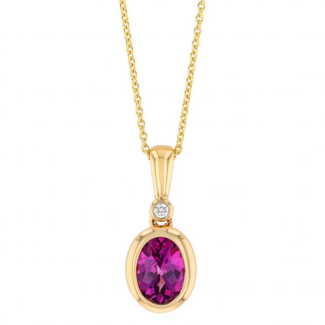 Bezel Set Oval Rhodolite Garnet & Diamond Pendant in Yellow Gold