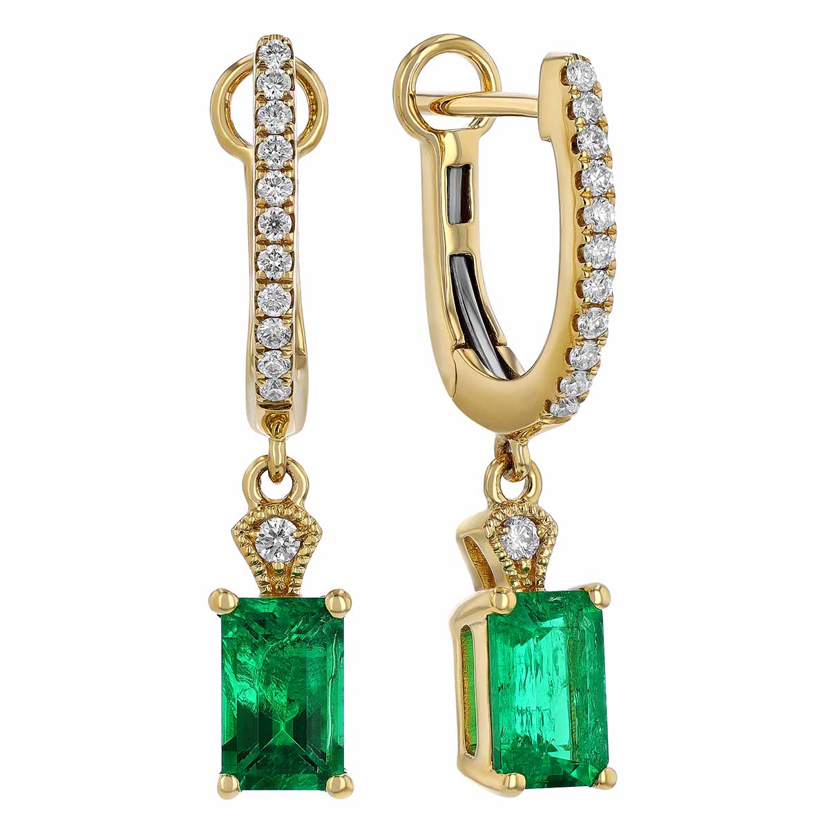 Emerald Cut Emerald & Diamond Dangle Hoop Earrings in Yellow Gold