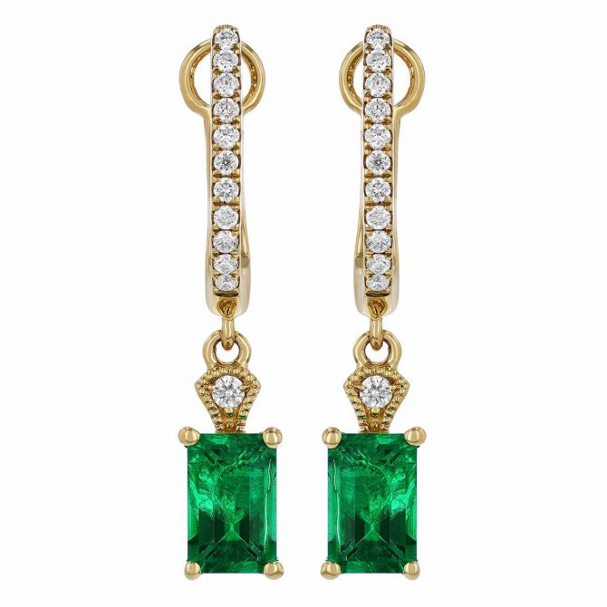 Emerald Cut Emerald & Diamond Dangle Hoop Earrings in Yellow Gold