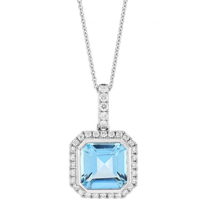Asscher Cut Aquamarine & Diamond Halo Pendant in White Gold