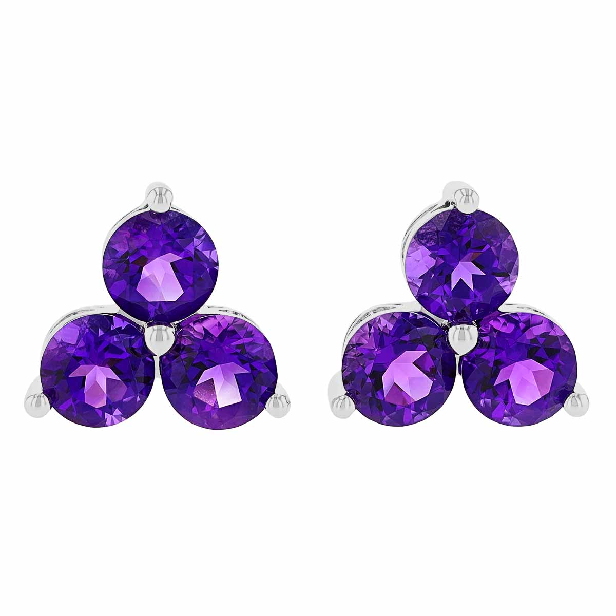 Round Amethyst Trio Stud Earrings in White Gold