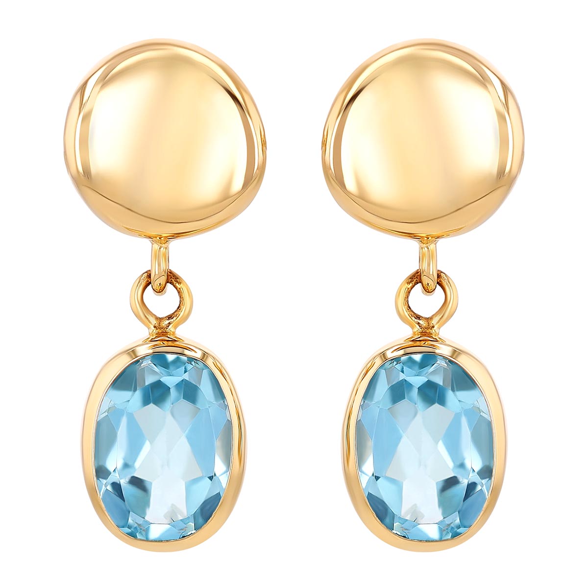 Oval Topaz Bezel Set Dangle Earrings in Yellow Gold