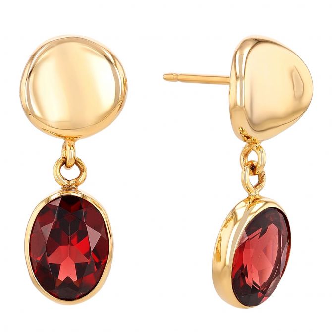 Oval Garnet Bezel Set Dangle Earrings in Yellow Gold