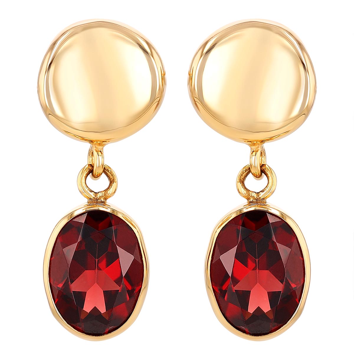 Oval Garnet Bezel Set Dangle Earrings in Yellow Gold