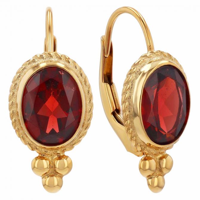 Bezel Set Oval Garnet Drop Earrings in Yellow Gold