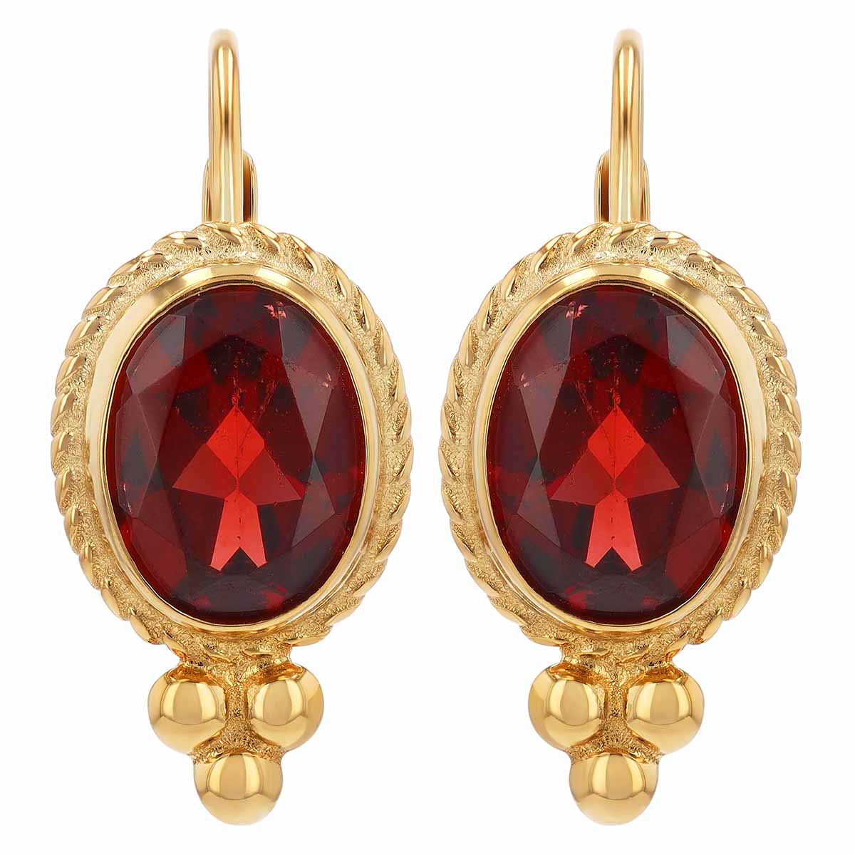 Bezel Set Oval Garnet Drop Earrings in Yellow Gold