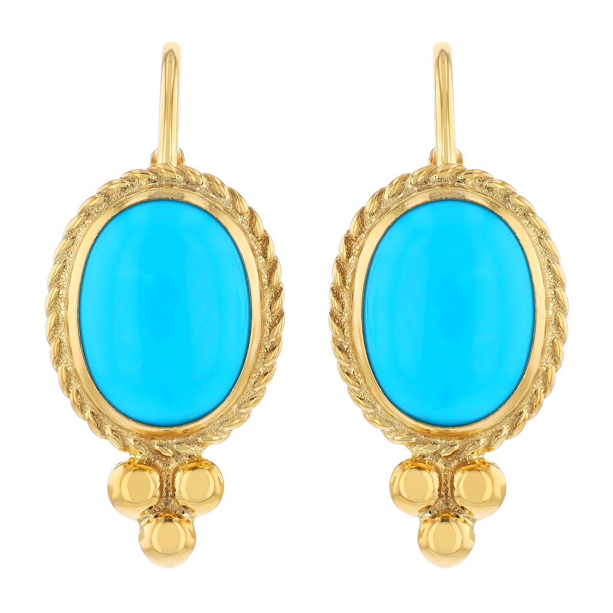 Bezel Set Oval Cabochon Turquoise Drop Earrings in Yellow Gold