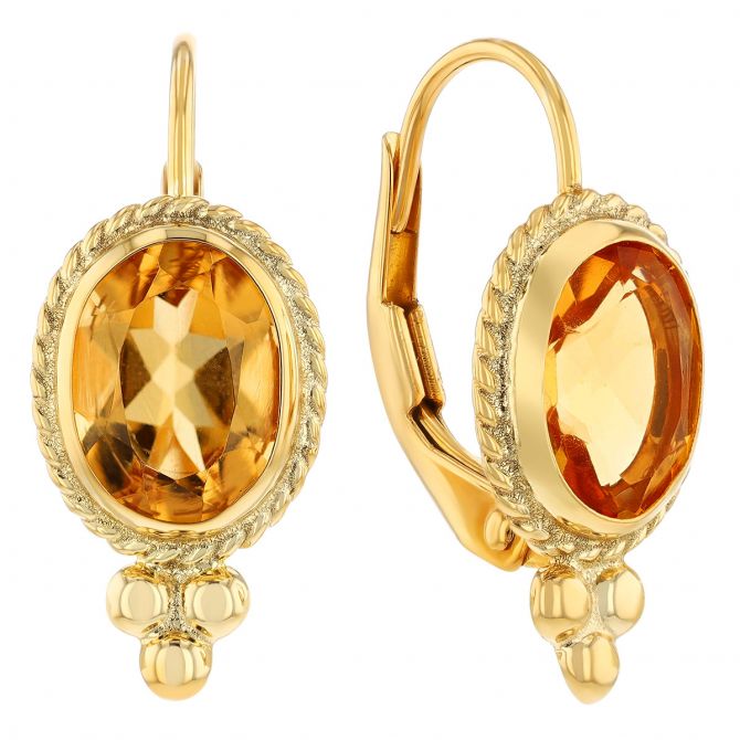 Bezel Set Oval Citrine Drop Earrings in Yellow Gold