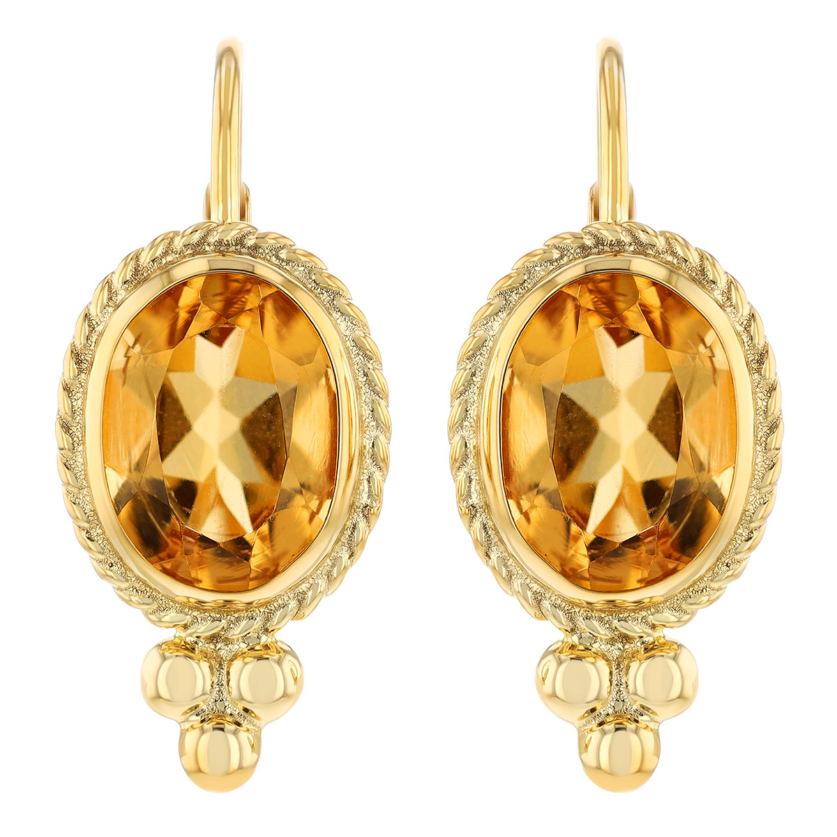 Bezel Set Oval Citrine Drop Earrings in Yellow Gold