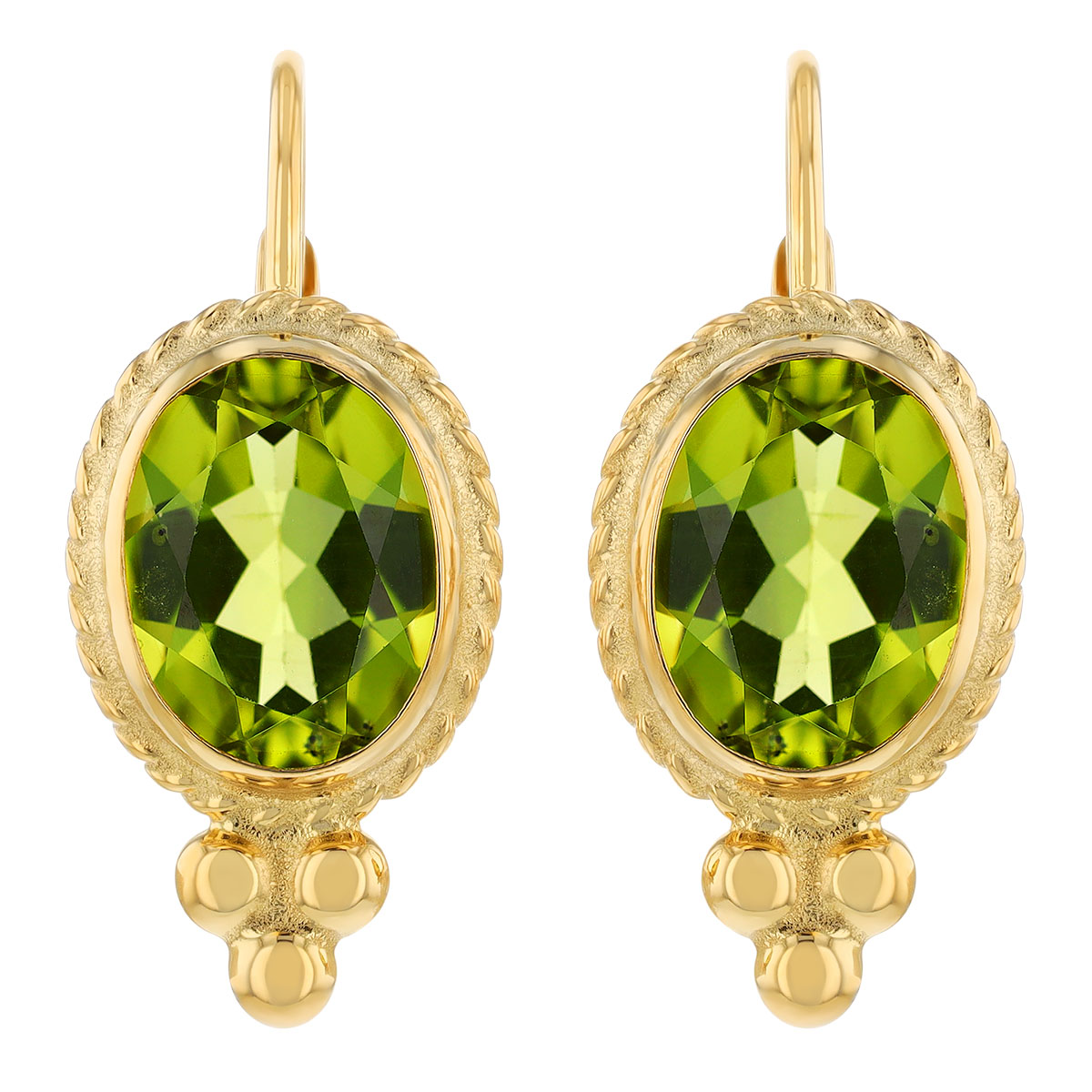 Bezel Set Oval Peridot Drop Earrings in Yellow Gold