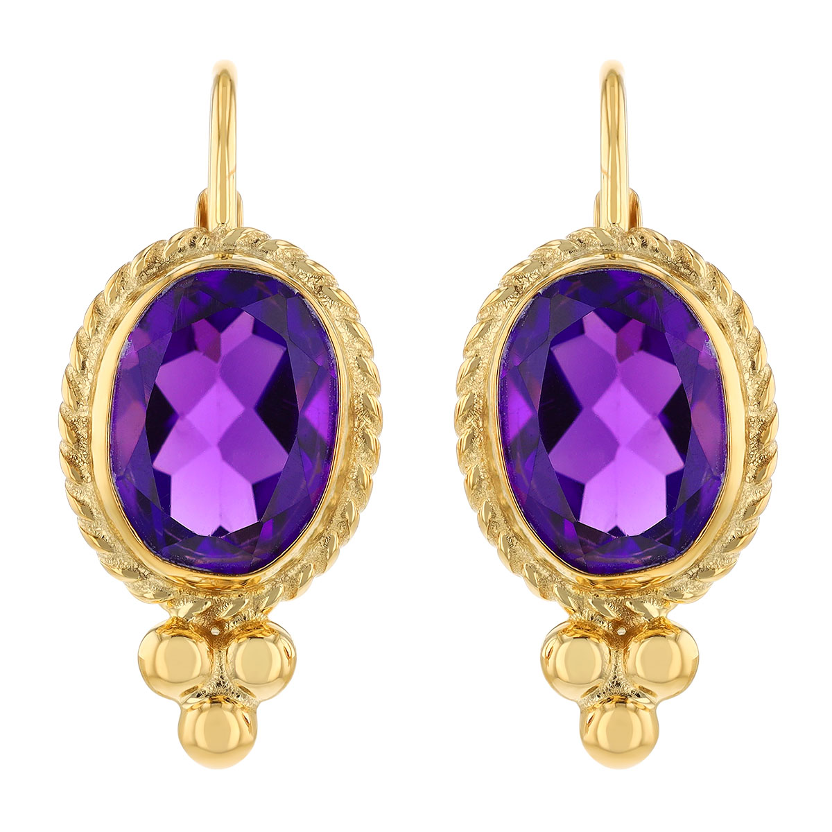 Bezel Set Oval Amethyst Drop Earrings in Yellow Gold