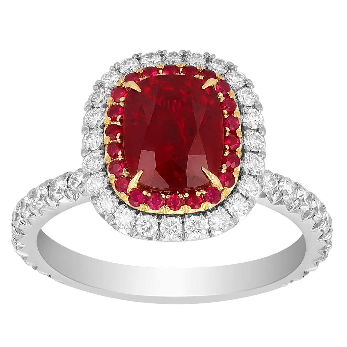 Cushion Cut Ruby & Diamond Double Halo Ring in Yellow Gold & Platinum