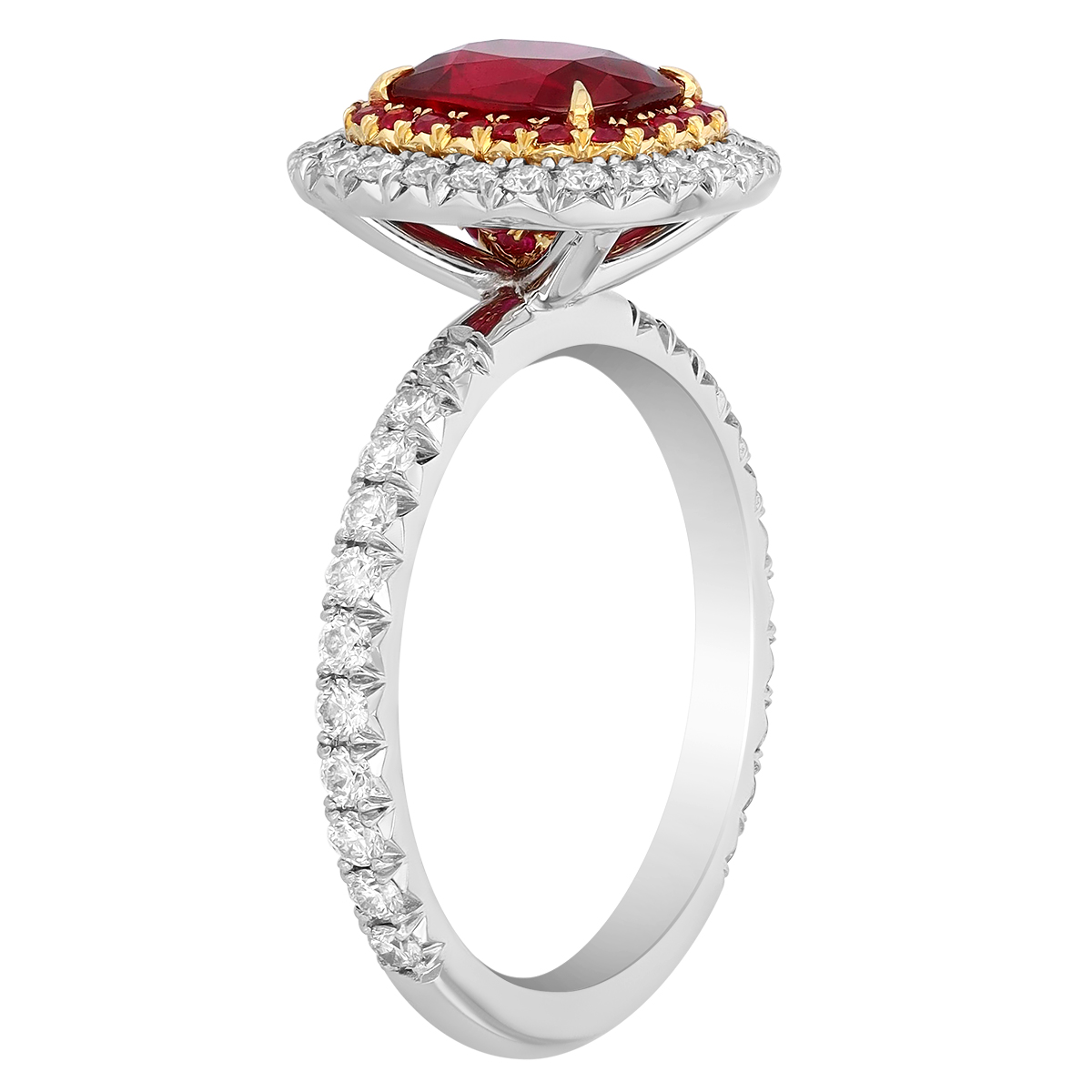 Cushion Cut Ruby & Diamond Double Halo Ring in Yellow Gold & Platinum