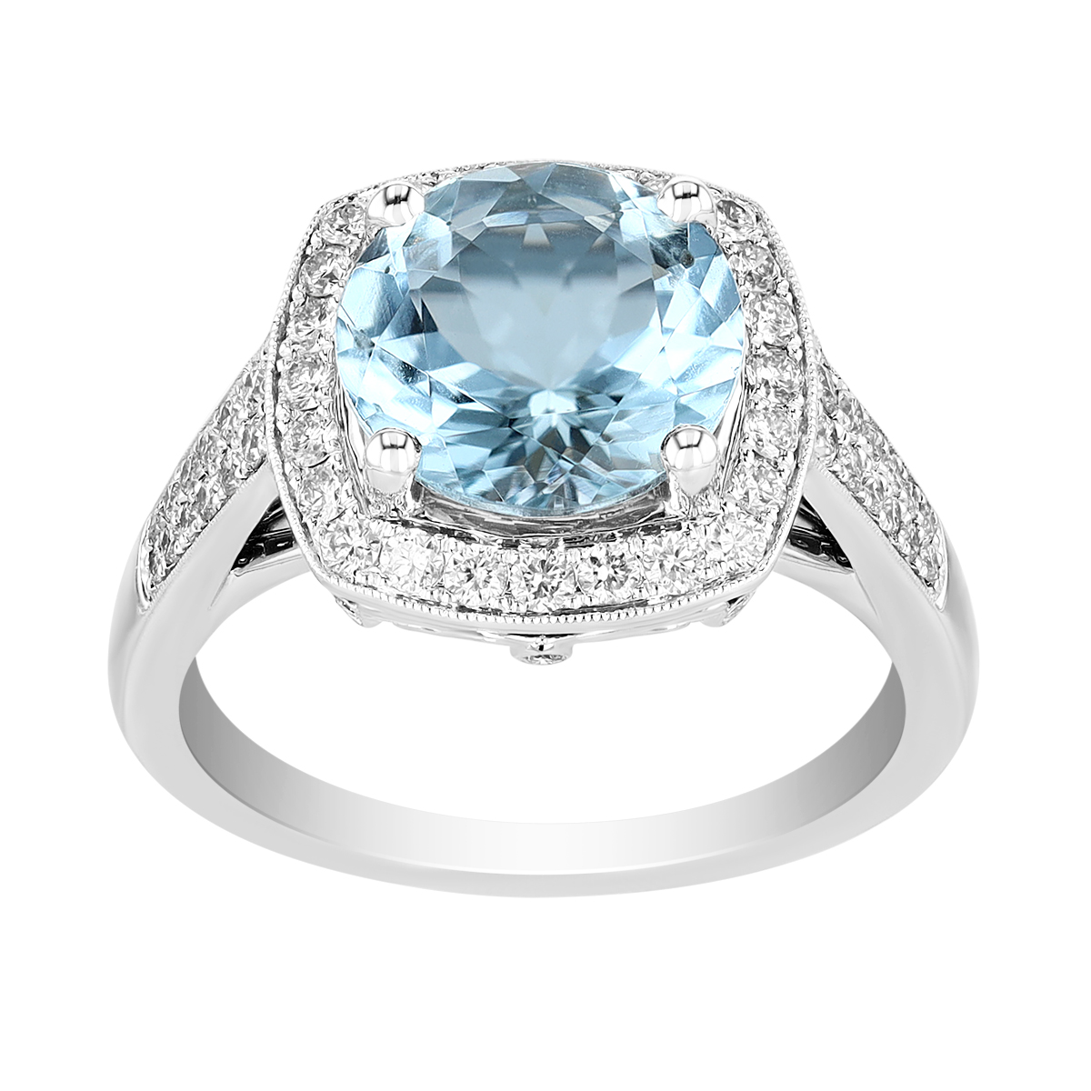 Round Aquamarine & Diamond Square Halo Ring in White Gold