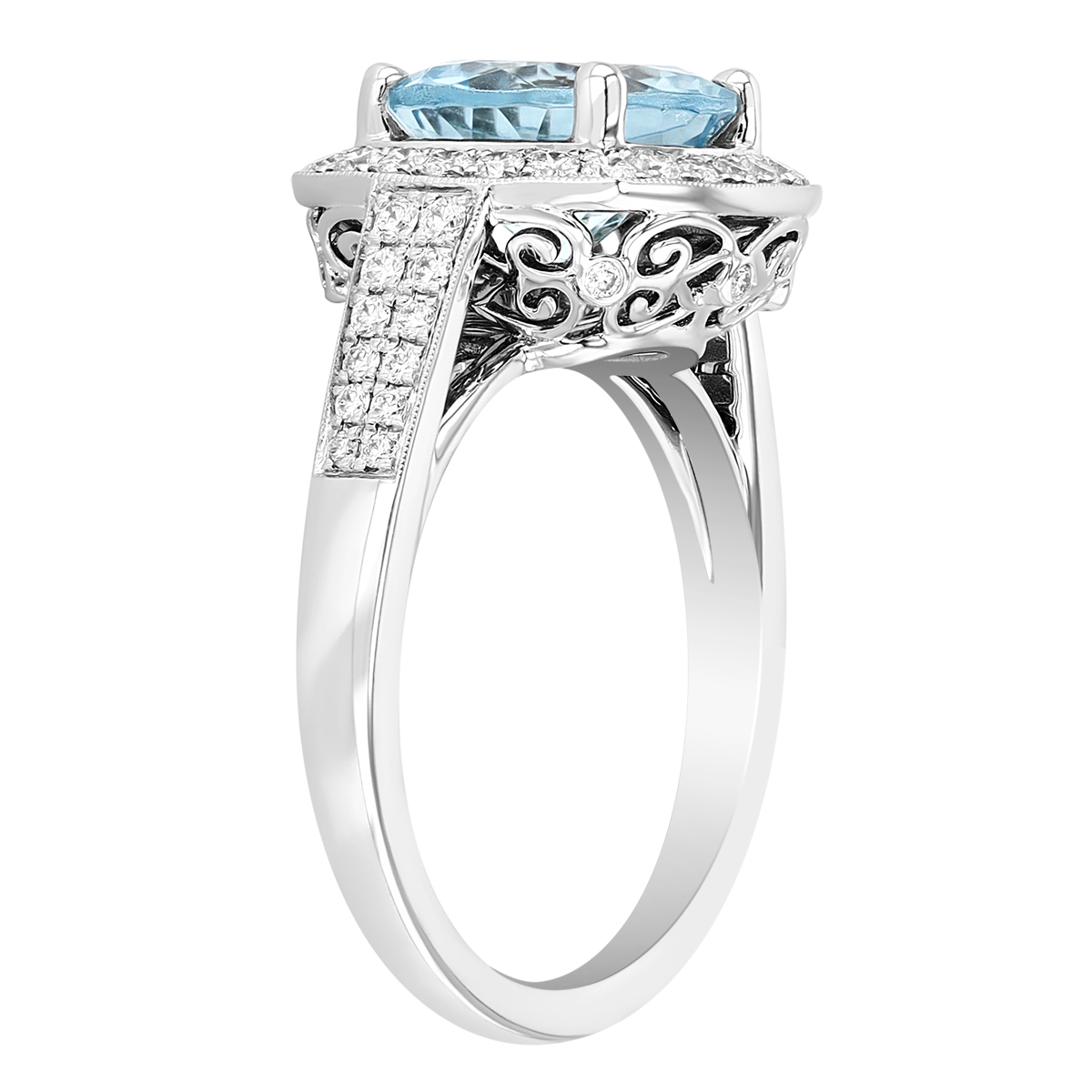 Round Aquamarine & Diamond Square Halo Ring in White Gold