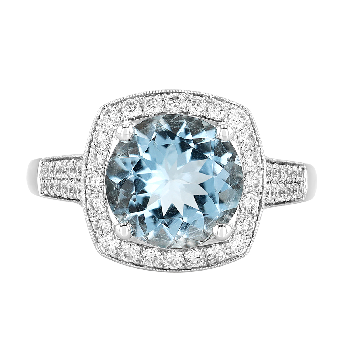 Round Aquamarine & Diamond Square Halo Ring in White Gold