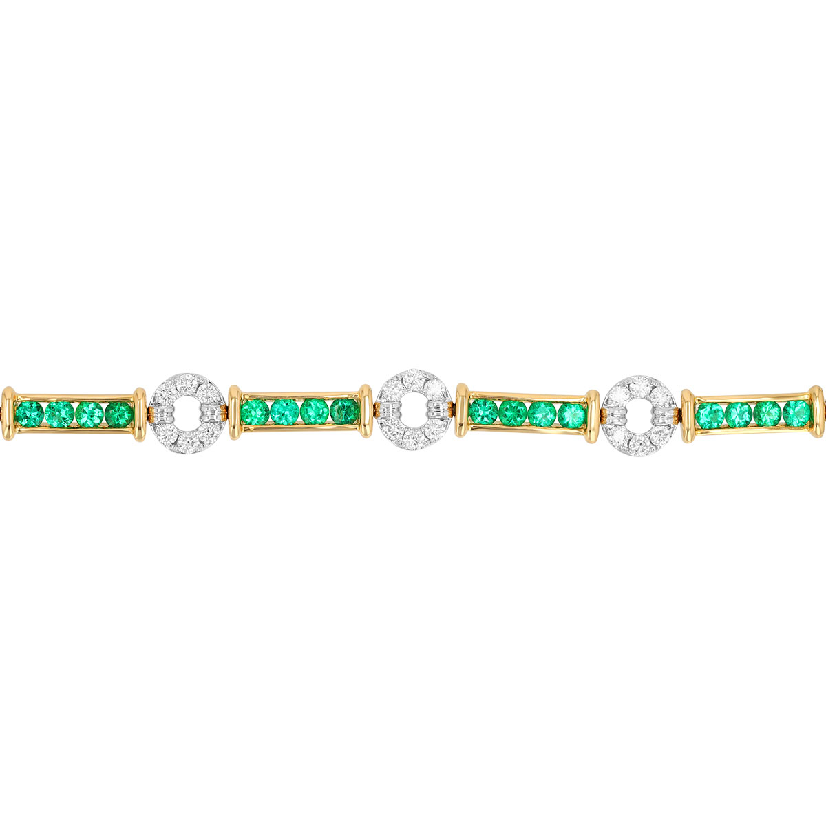 Emerald Yellow Gold Bar & Diamond White Gold Circle Station Bracelet