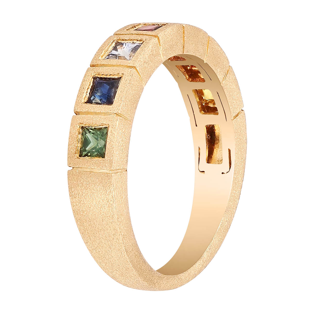 Rainbow Sapphire Princess Cut Bezel Ring in Matte Yellow Gold