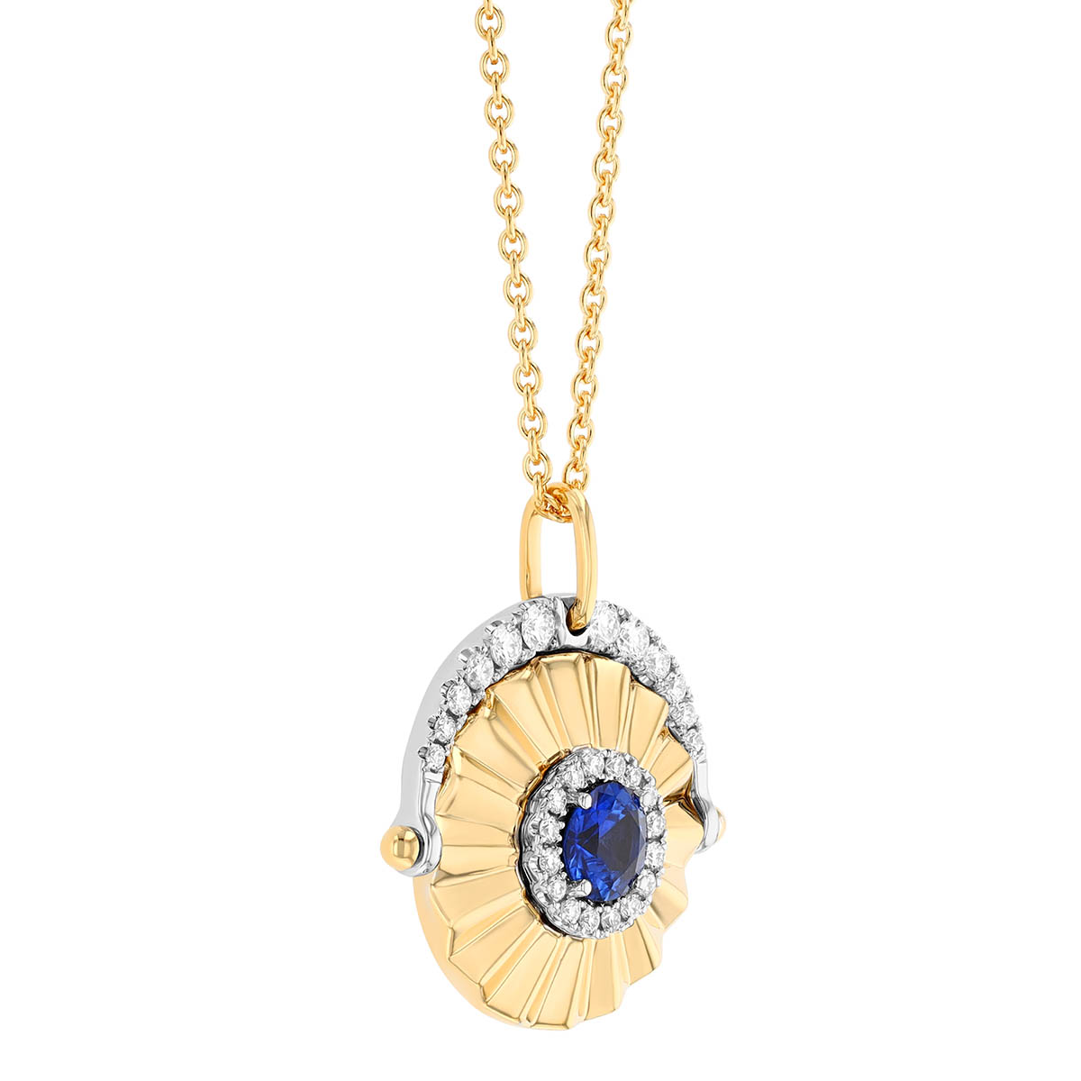 Sapphire & Diamond Spinning Disc Pendant in Two Tone