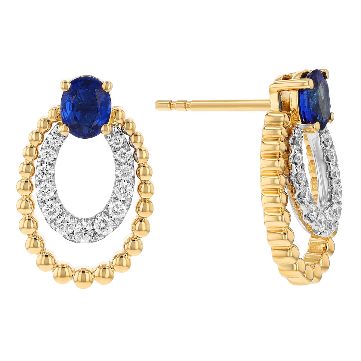 Oval Sapphire & Diamond Double Circle Drop Earrings in Two Tone