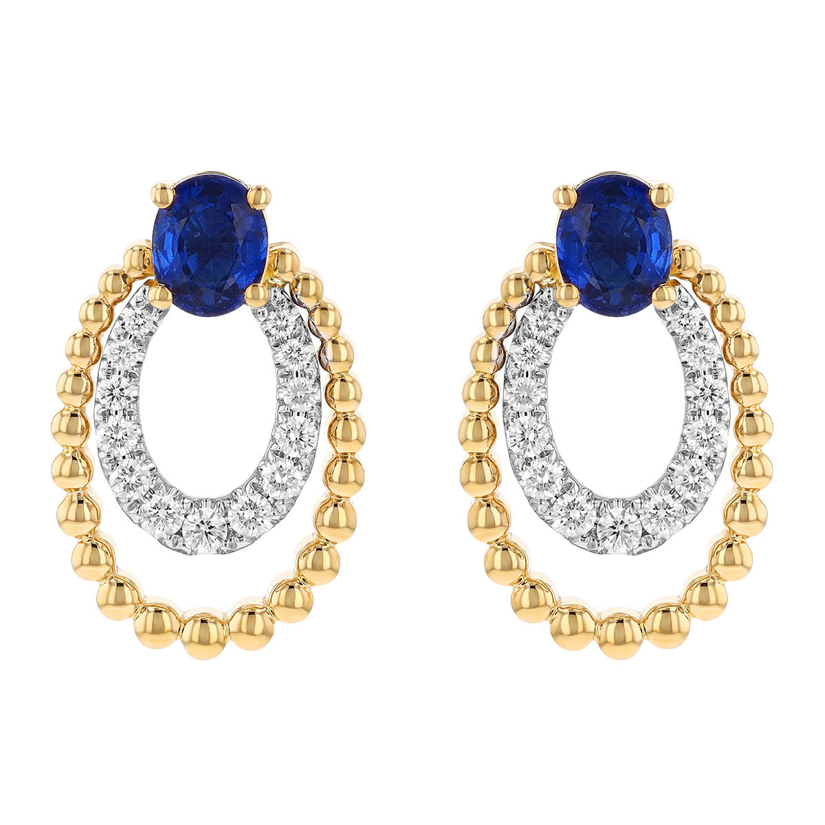 Oval Sapphire & Diamond Double Circle Drop Earrings in Two Tone