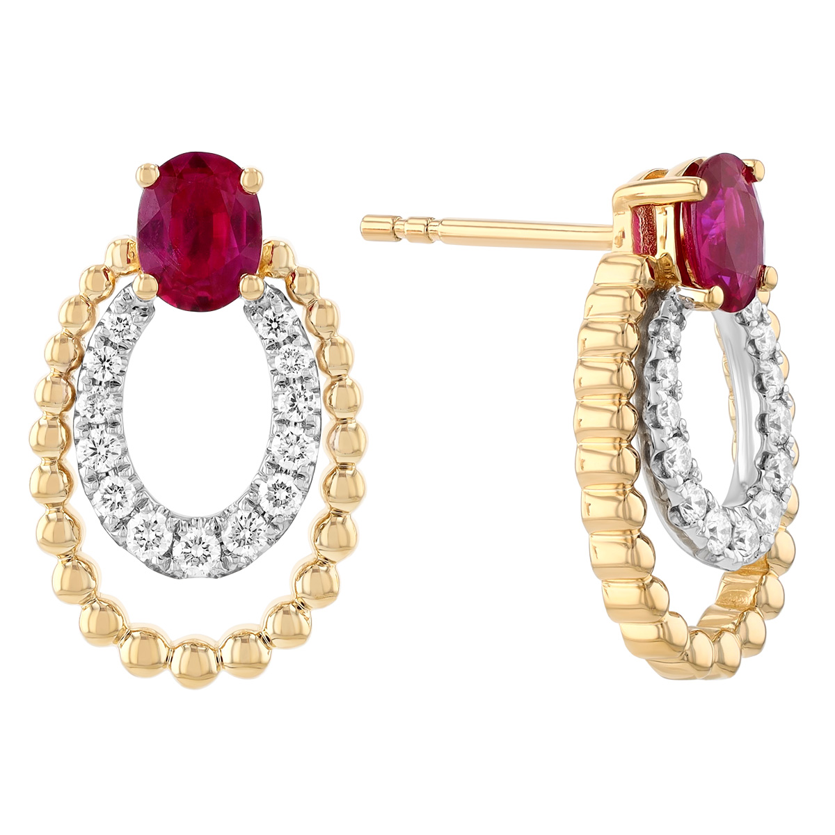 Cushion Cut Ruby with Diamond & Beaded Layered Oval Drop Earrings in Two Tone