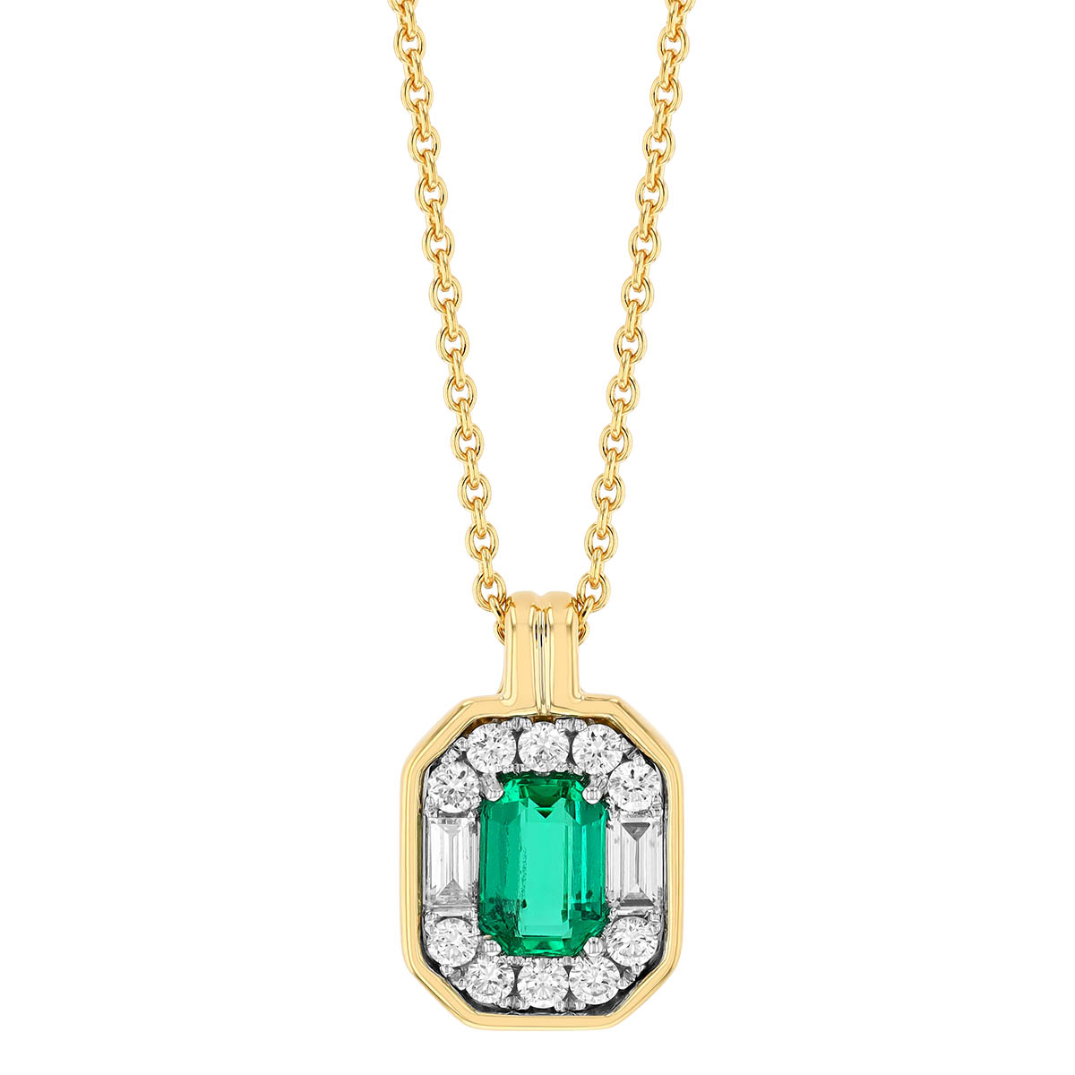 Emerald Cut Emerald & Multi Shape Diamond Halo Pendant in Two Tone