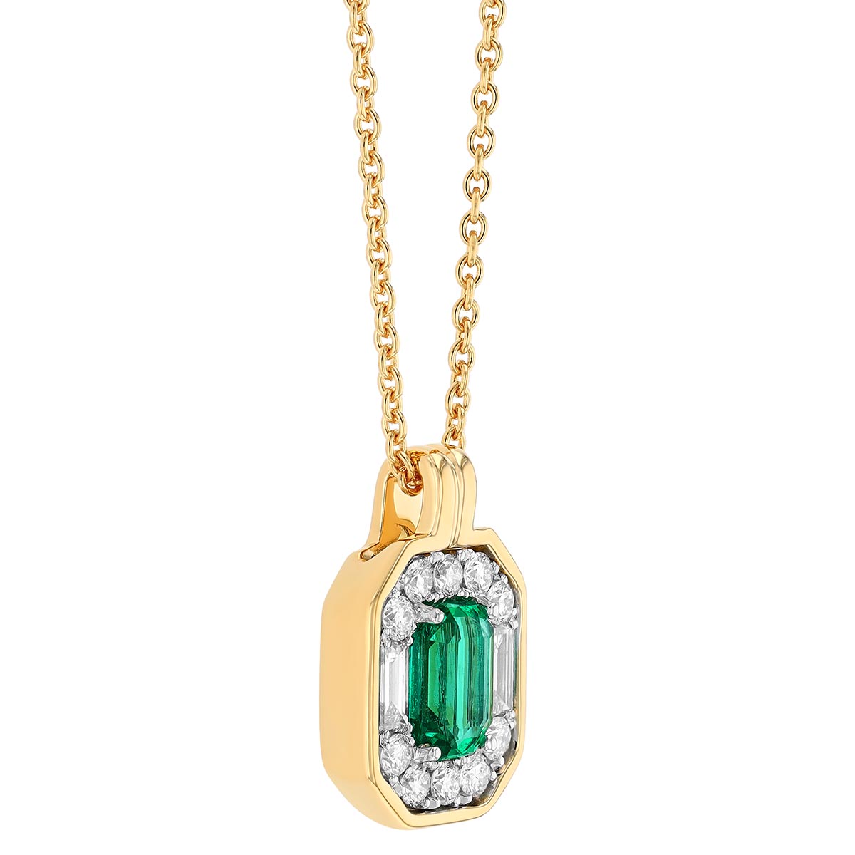 Emerald Cut Emerald & Multi Shape Diamond Halo Pendant in Two Tone