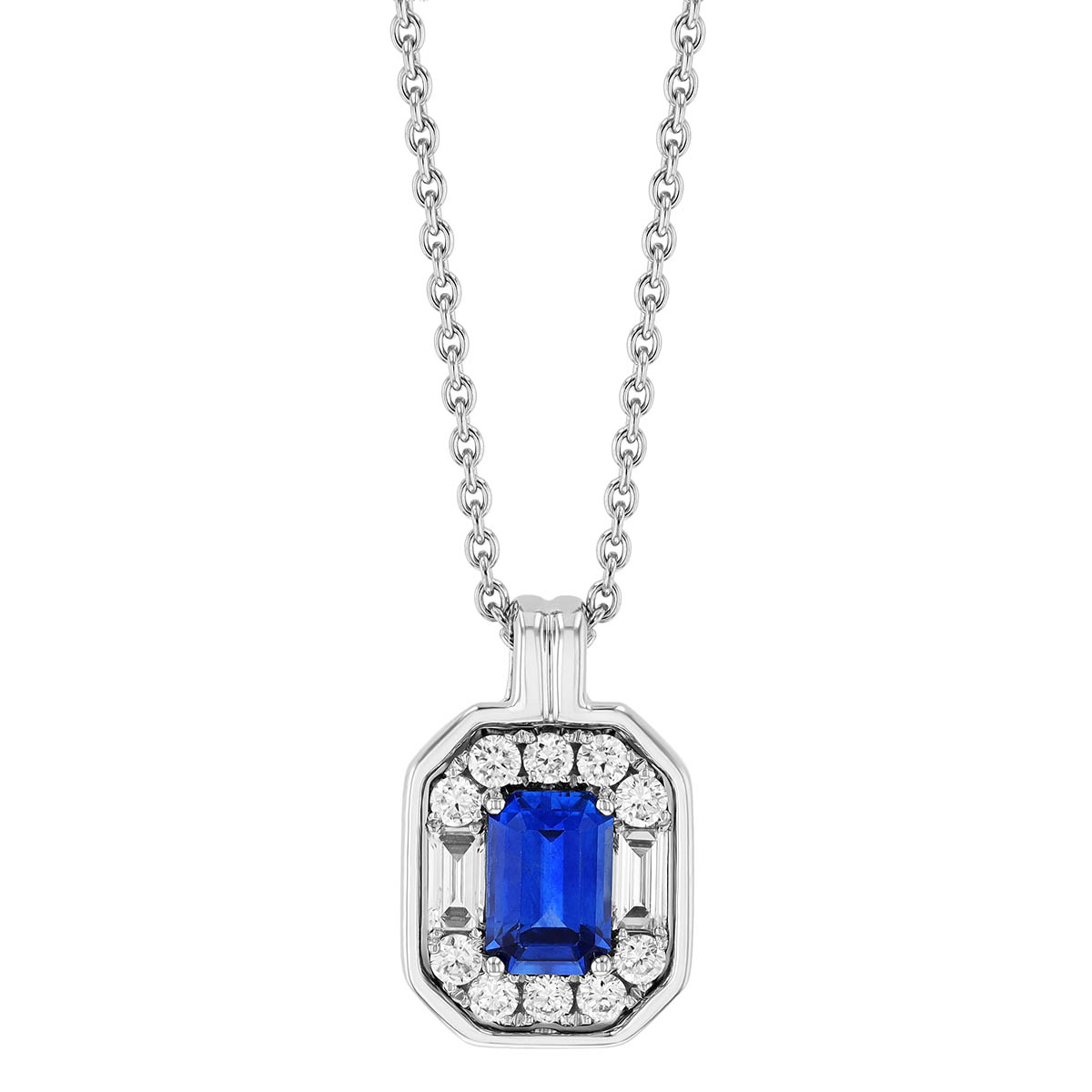 Emerald Cut Sapphire & Multi Shape Diamond Halo Pendant in White Gold