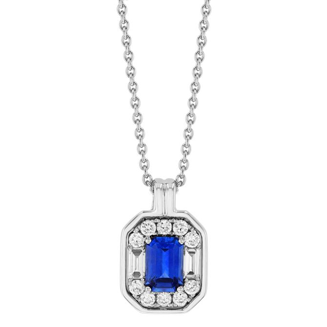 Emerald Cut Sapphire & Multi Shape Diamond Halo Pendant in White Gold