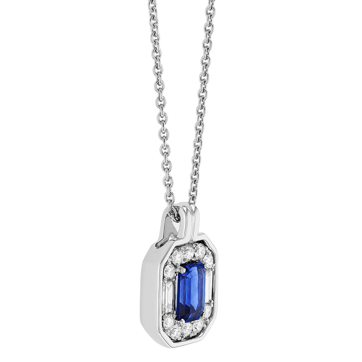 Emerald Cut Sapphire & Multi Shape Diamond Halo Pendant in White Gold