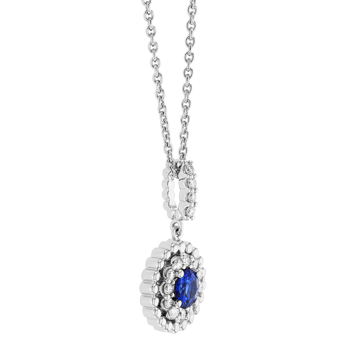 Round Sapphire with Diamond & Beaded Halo Pendant in White Gold