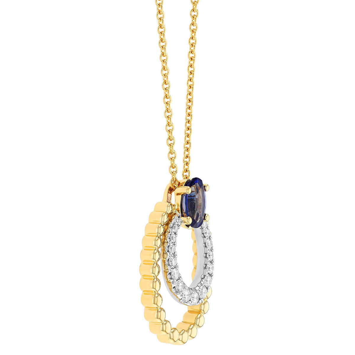 Oval Sapphire with Diamond & Beaded Layered Oval Drop Pendant in Two Tone