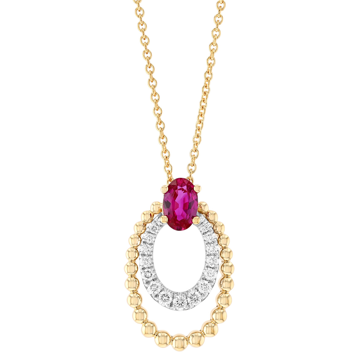 Cushion Cut Ruby with Diamond & Beaded Layered Oval Drop Pendant in Two Tone, 17