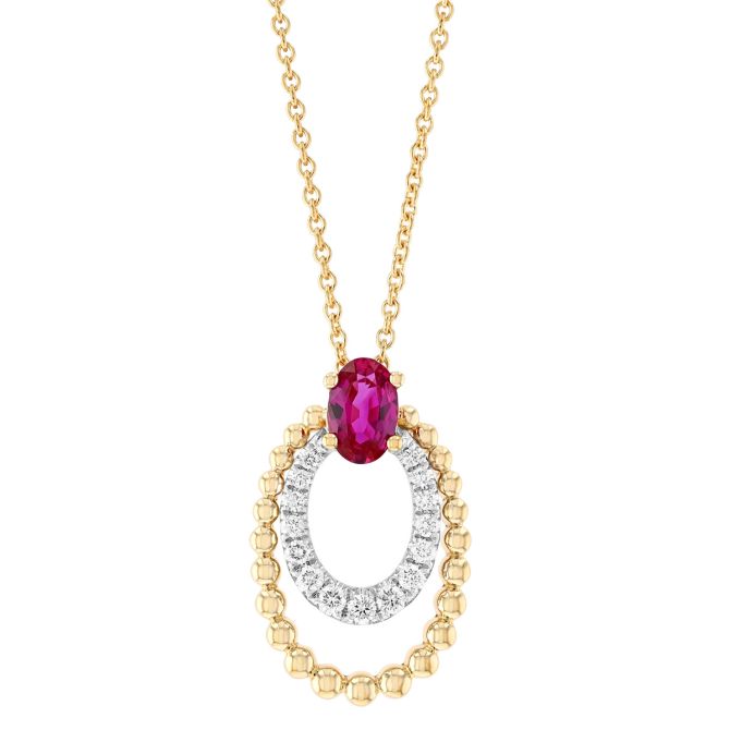 Cushion Cut Ruby with Diamond & Beaded Layered Oval Drop Pendant in Two Tone, 17"