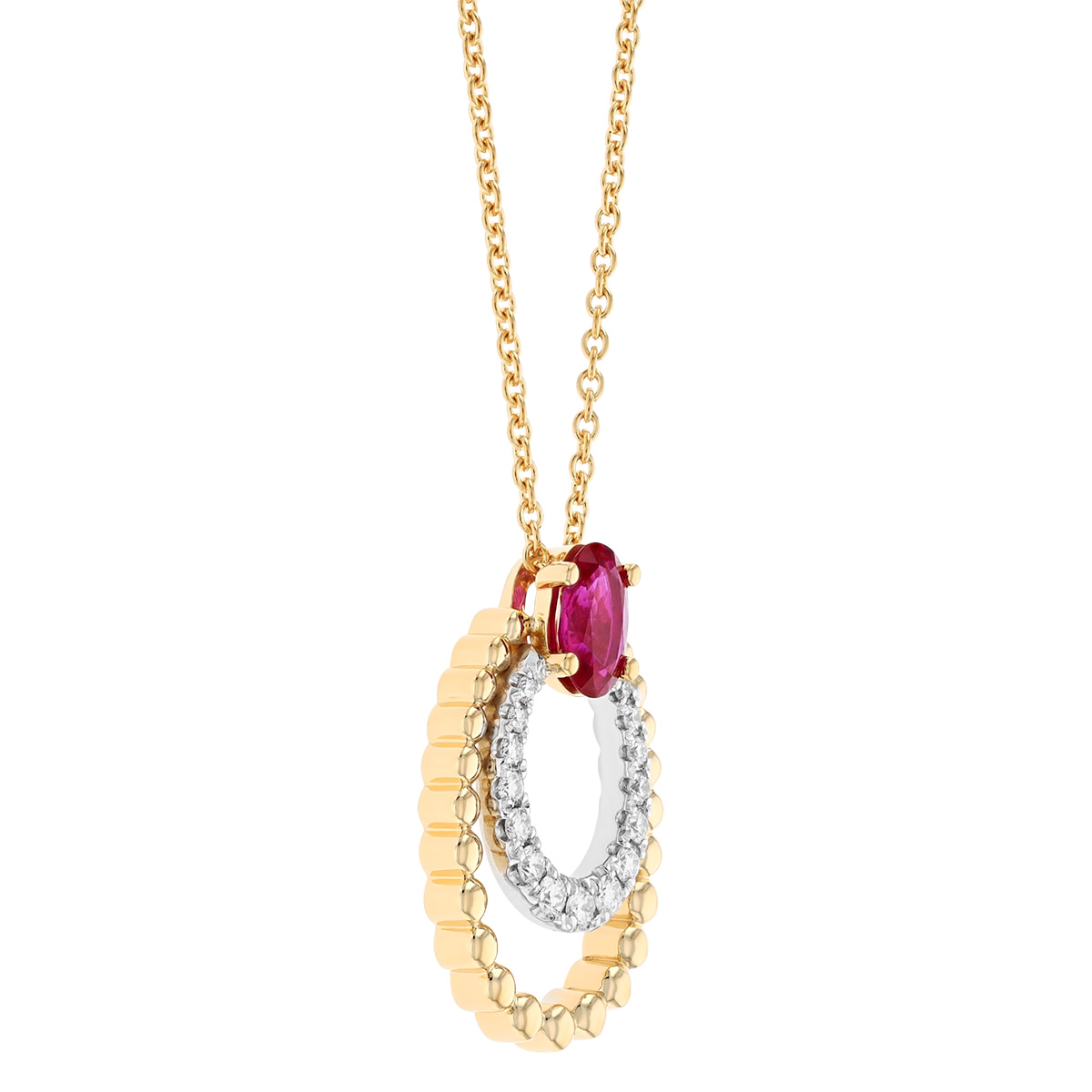 Cushion Cut Ruby with Diamond & Beaded Layered Oval Drop Pendant in Two Tone, 17