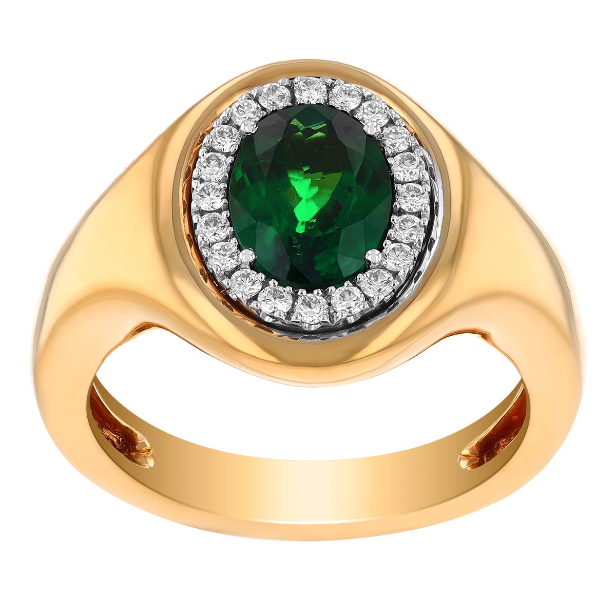 Oval Tsavorite Garnet & Diamond Halo Signet Ring in Two Tone