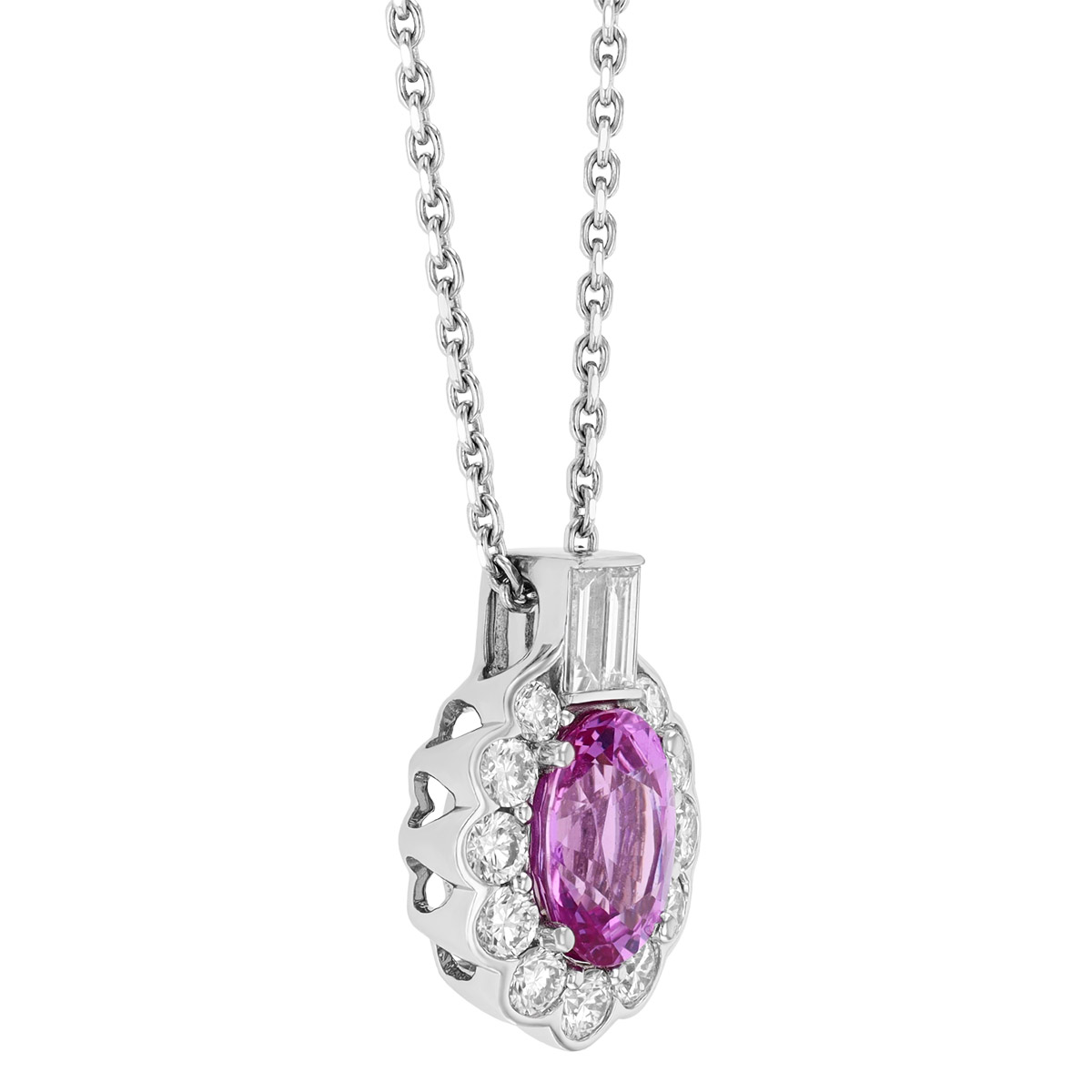 Oval Pink Sapphire & Diamond Halo Pendant in White Gold