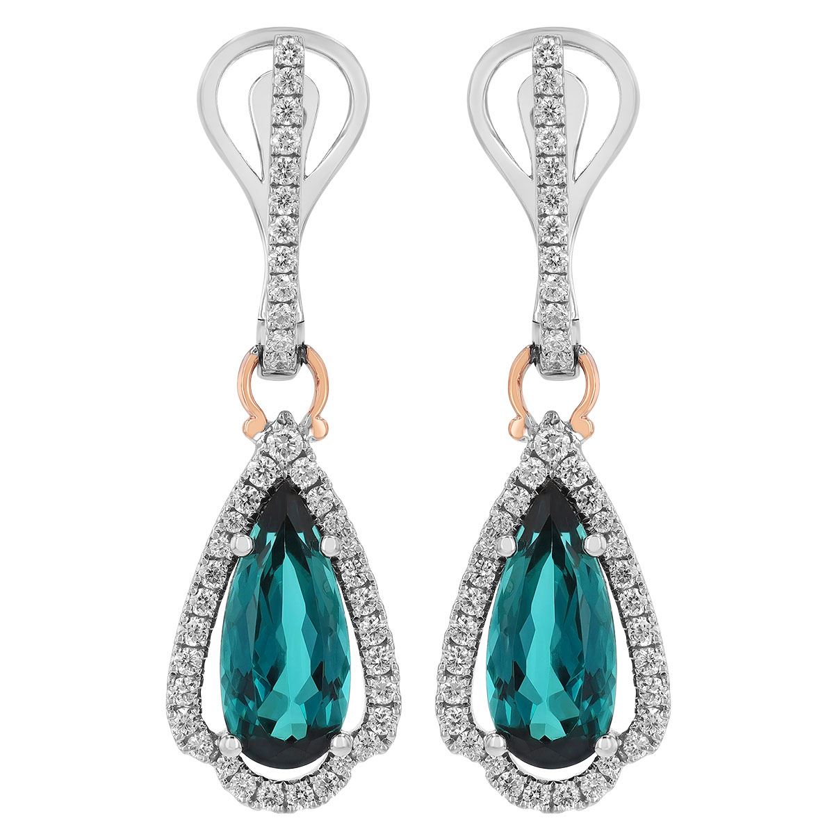 Pear Shape Blue Tourmaline & Diamond Dangle Earrings in Two Tone