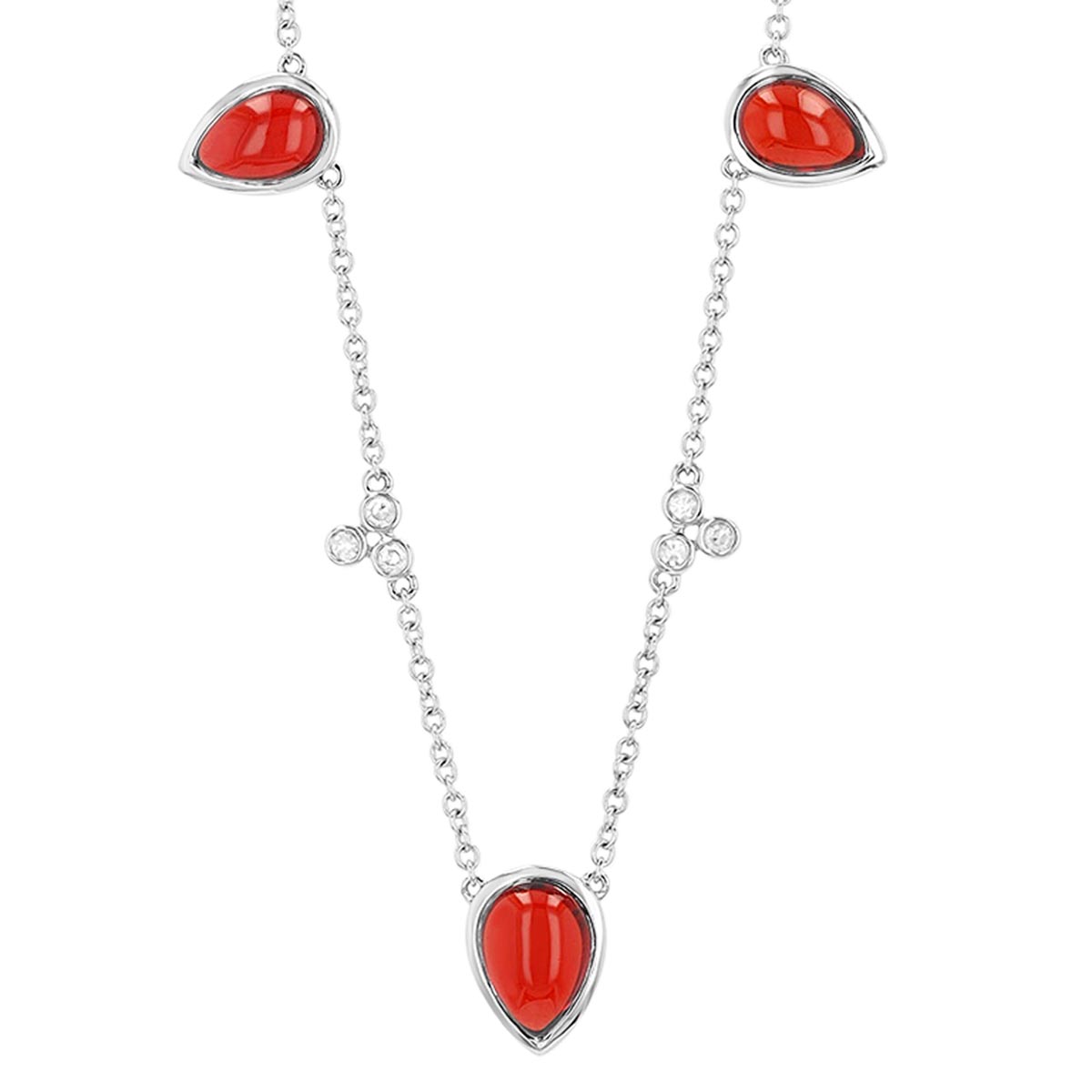 Pear Shape Garnet & Diamond Cluster Station Necklace in White Gold, 18