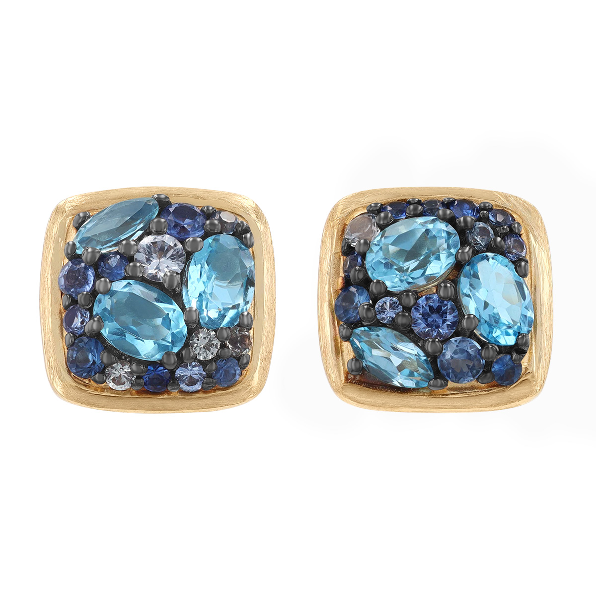 Multi Shape Sapphire & Topaz Pavé Cluster Square Stud Earrings in Yellow Gold