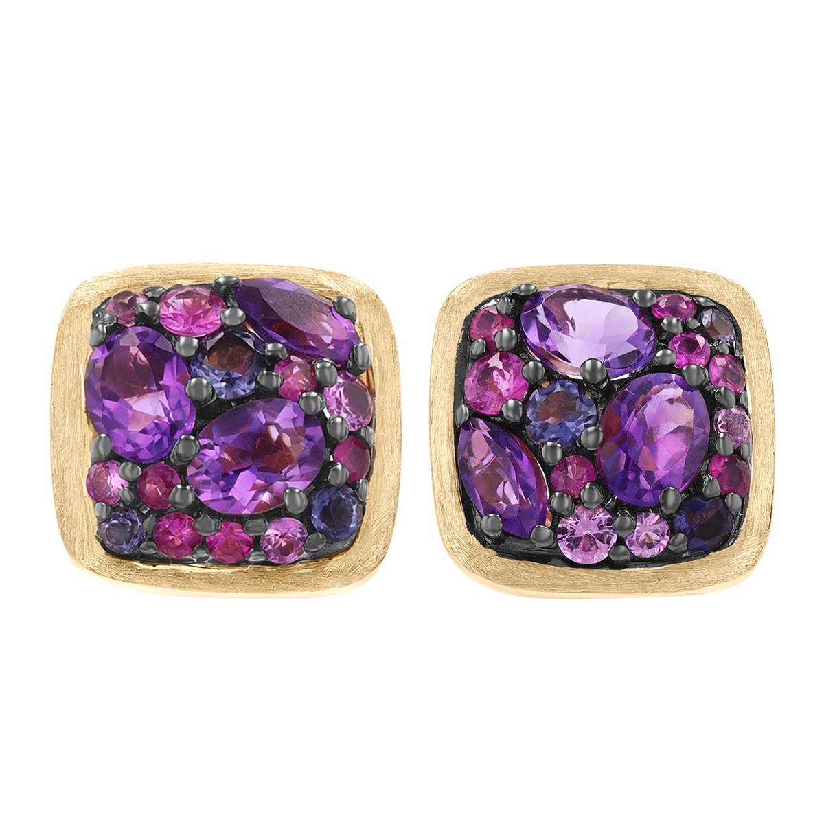 Mixed Gemstone Pavé Cluster Square Stud Earrings in Yellow Gold
