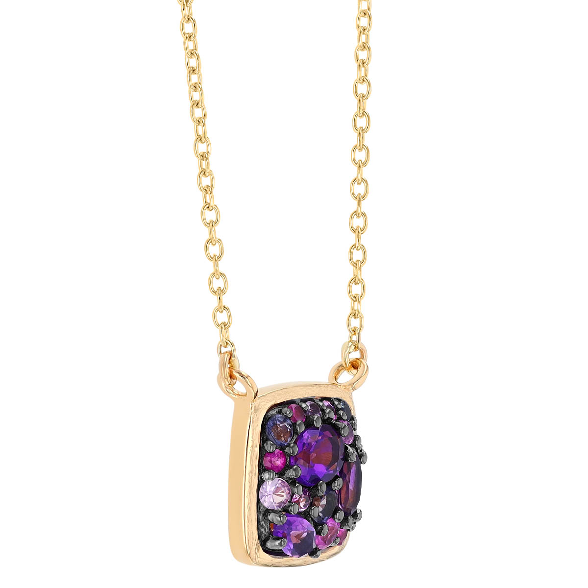 Amethyst, Iolite & Sapphire Purple Cluster  Cushion Necklace in Yellow Gold
