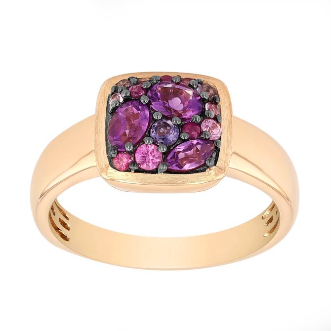 Amethyst, Iolite & Sapphire Purple Cluster  Cushion Ring in Yellow Gold