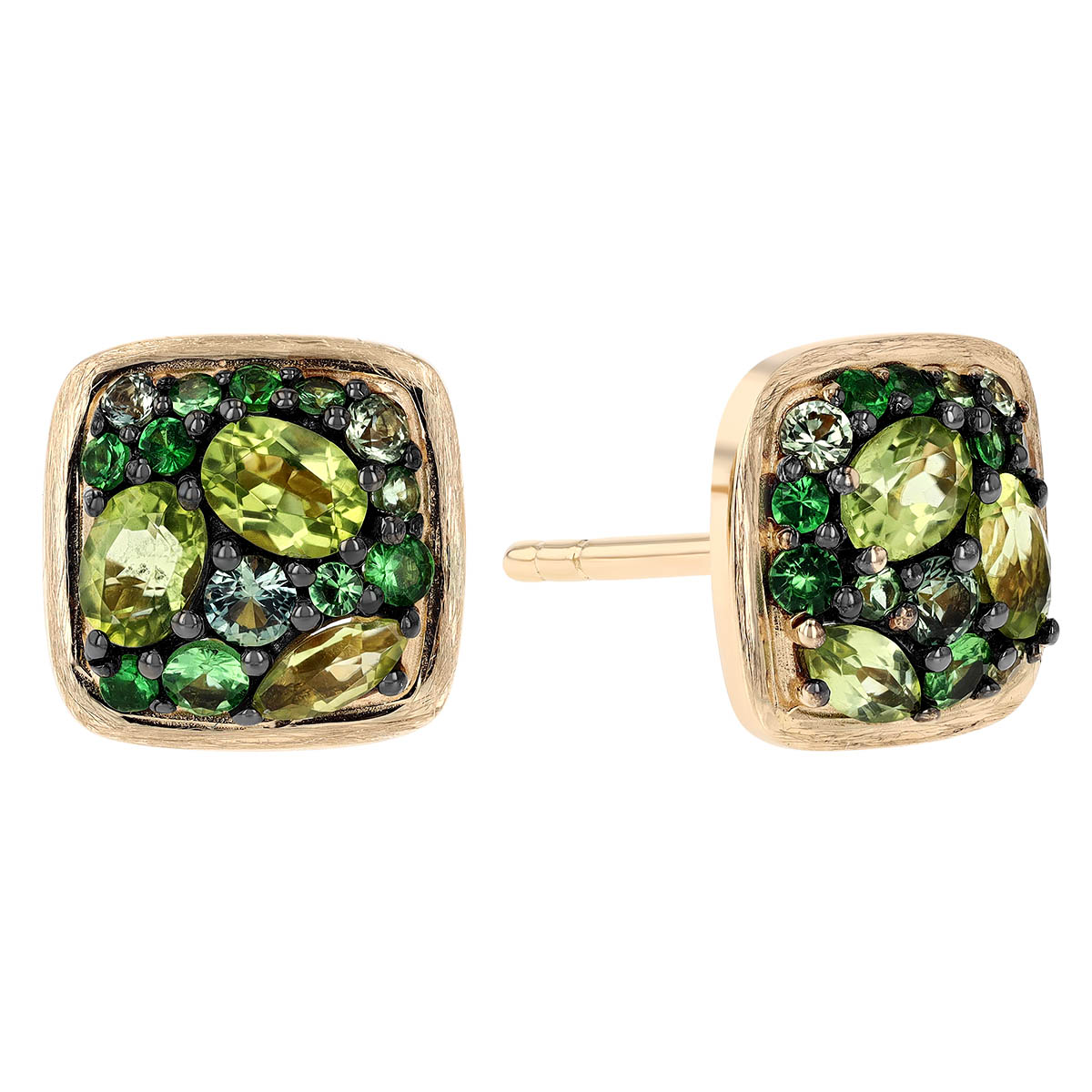 Tsavorite Garnet, Peridot & Sapphire Green Cluster  Cushion Earrings in Yellow Gold